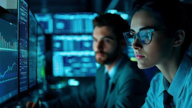 A man and woman doing financial analysts with data on multiple screens. Business team monitoring financial graphs in modern office. - Powered by Adobe
