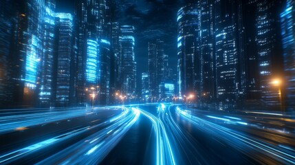 Obraz premium A futuristic cityscape at night with glowing blue light trails from cars on the road.