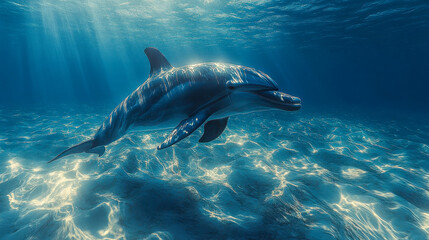 Fototapeta premium A dolphin gracefully gliding through clear blue water with sunbeams filtering down