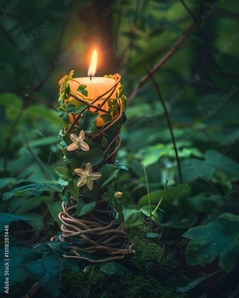 Poster Enchanting Botanical Candle Glowing in Serene Forest Glade