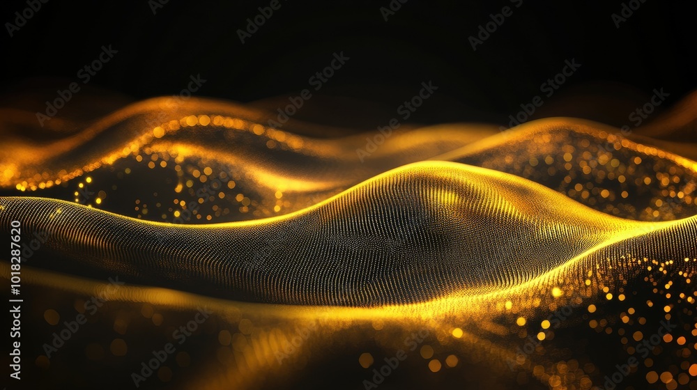 Poster luminous golden waves undulating in an abstract flowing pattern, softly glowing against a dark backg