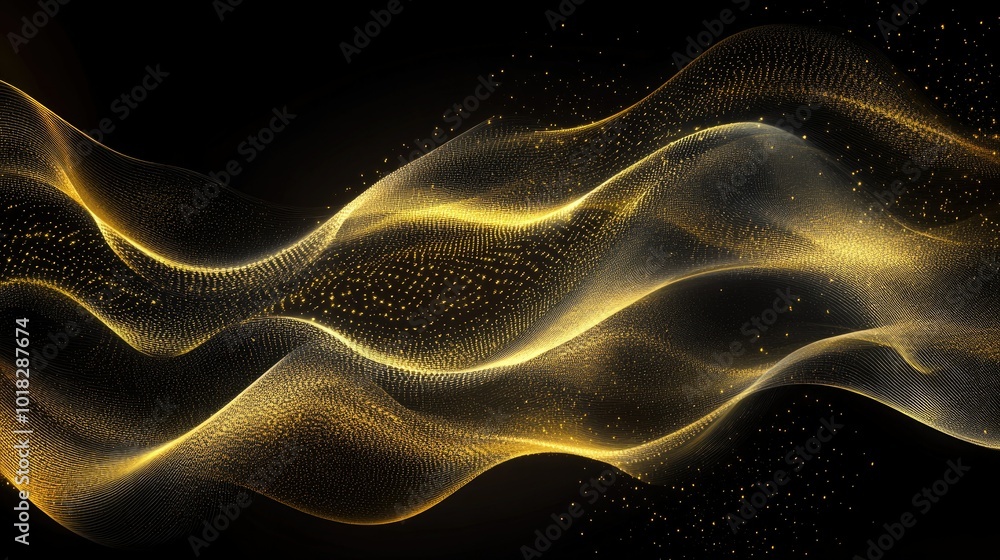 Poster luminous golden waves undulating in an abstract flowing pattern, softly glowing against a dark backg