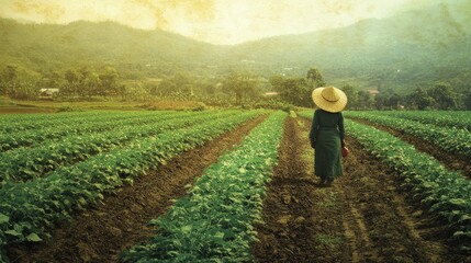 Fototapeta premium A woman in a straw hat walks through a field of green crops in a rural setting.