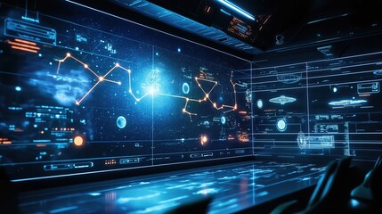 holographic projection of a star map with planets and glowing navigation lines in a futuristic space command center