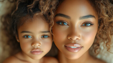 Fototapeta premium Close-up portrait of a beautiful mother and daughter with curly hair, looking into the camera