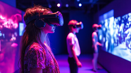 An interactive exhibition space where visitors are trying out AR/VR experiences, exploring digital art and immersive environments through headsets and interactive displays