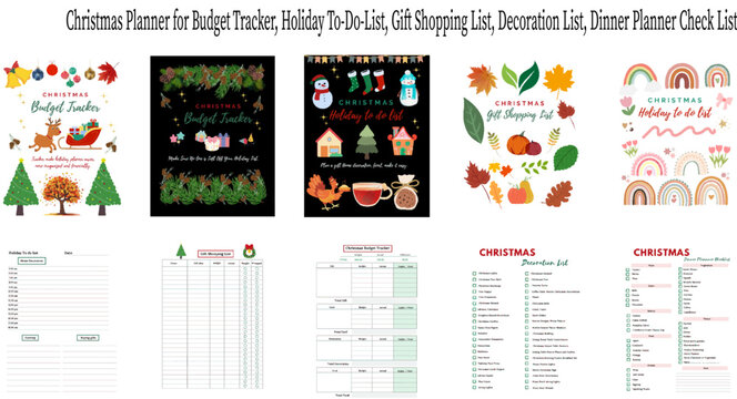 Christmas planning for Budget Tracker, Holiday To Do List, Gift Shooping List, decoration List, Dinner Planner Check List