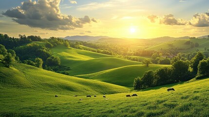 A picturesque sunset illuminates a rolling green valley with grazing cattle.