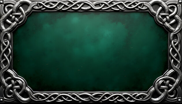 Intricate Celtic knot frame design, silver and green, medieval-style ornamental border with copy space