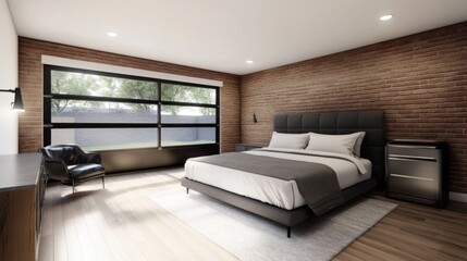 Fototapeta premium Modern Bedroom Design with Industrial Brick Accents and Natural Light