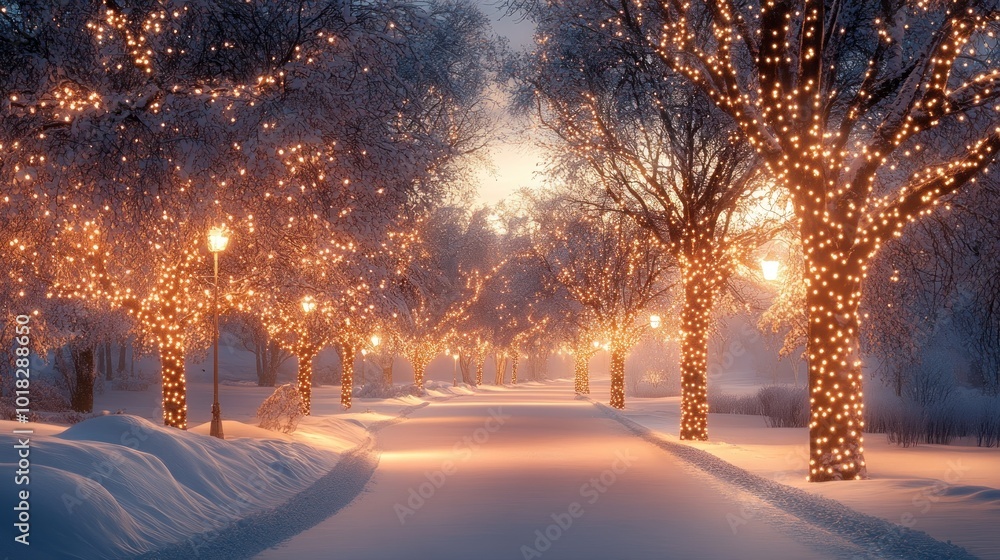 Poster a snow-covered path lined with trees adorned with twinkling christmas lights. the path leads towards
