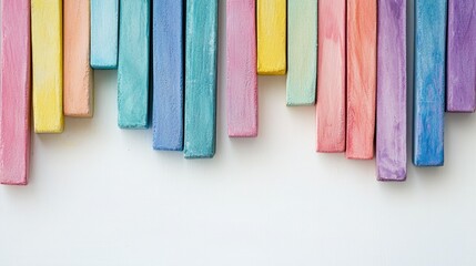 Naklejka premium Multicolored chalk sticks spread out on a clean white background, with soft hues and vibrant tones, perfect for creative projects