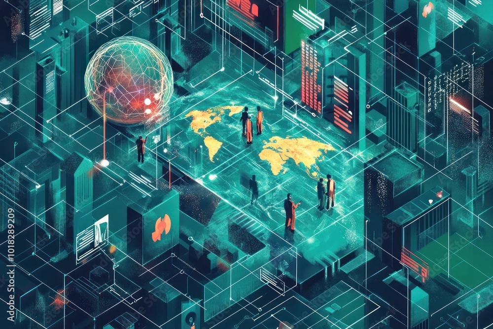 Poster an abstract illustration depicts a global network of interconnected data, with a globe in the center