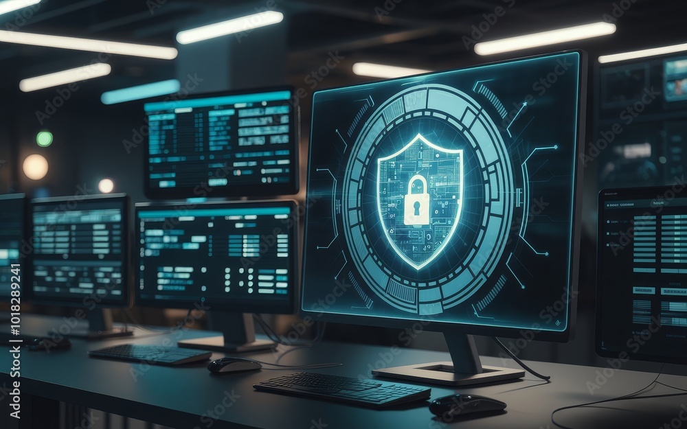 Aufkleber secure data monitoring with multiple screens displaying cybersecurity information.