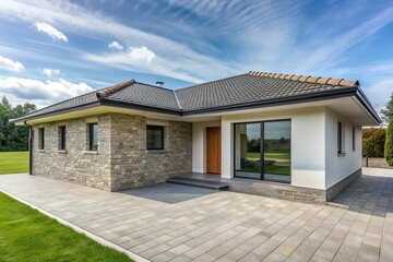 Fototapeta premium Modern style single story bungalow with stone walls tile roof and wall tiles in a light gray color