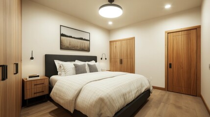 Elegant Minimalist Bedroom Design Featuring Warm Wooden Accents and Comfortable Bedding