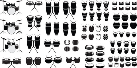 Drums silhouette vector arts illustration. Black electric and acoustic, bass, Cartoon music instrument, rock, jazz drums, Tambourine silhouette, music band drums set of Black colors vector icons. © MdFeroz