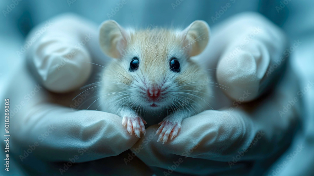 Aufkleber a small, curious lab mouse held gently in gloved hands, symbolizing delicate and controlled scientif