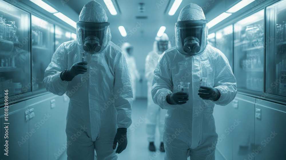 Poster researchers in hazmat suits handling substances in a secure environment