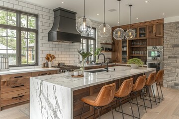 Elegant Modern Farmhouse Kitchen with Marble Island