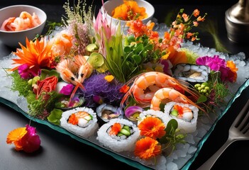 colorful diverse seafood arrangement culinary inspiration visual appeal fresh ingredients unique presentations, display, freshness, vibrant, fish