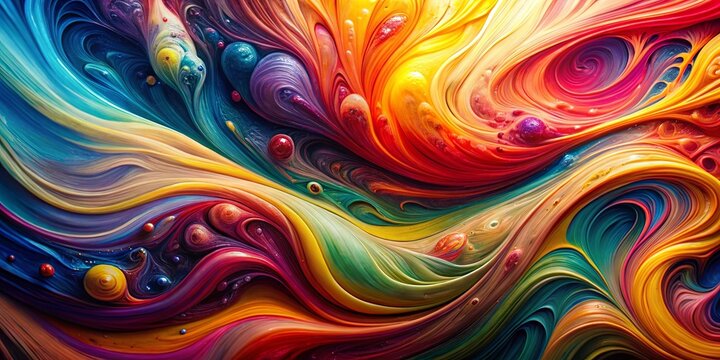 A swirling dance of vibrant hues, intermingling and merging in a symphony of color, punctuated by glistening orbs of iridescent beauty.