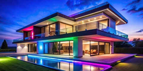 Obraz premium Modern villa with colorful LED lighting at night, seen from a low angle perspective