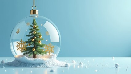 Christmas in pastel blue background, Christmas tree inside delicate sphere, sense of wonder, banner, header for site