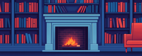 Relaxing by a cozy fireplace in a charming library, surrounded by books and the soothing sound of crackling wood