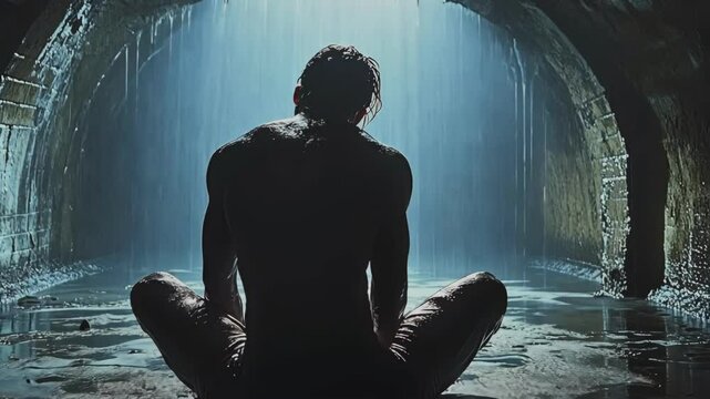 Man sitting alone in rain-drenched tunnel, exploring themes of isolation and inner turmoil for psychological thrillers and mental health awareness campaigns