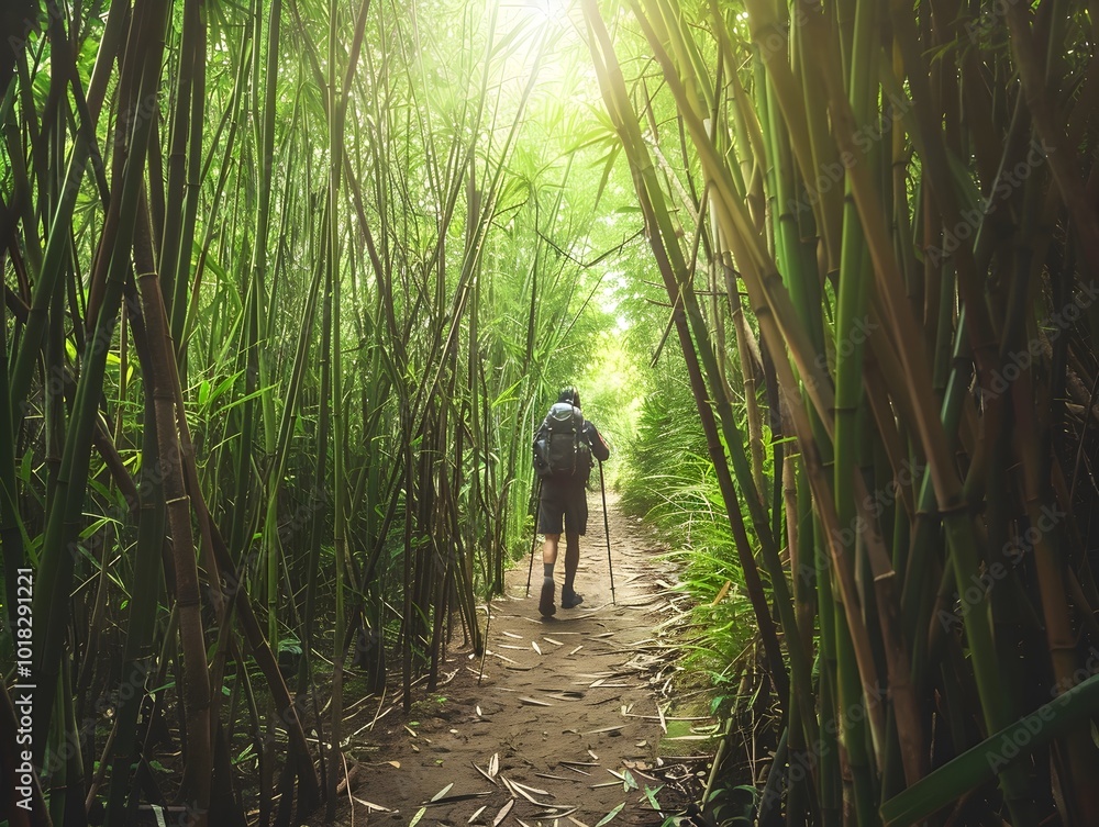 Poster hiker using trekking poles to navigate winding trail through dense bamboo forest with dappled light 