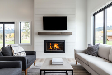 Charming farmhouse with a cozy fireplace, relaxation and warmth filling the space with rustic charm and comfort