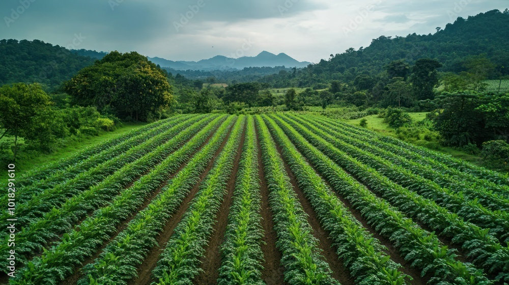 Poster aerial view of a vast green field of crops stretching towards a mountainous backdrop under a partly 