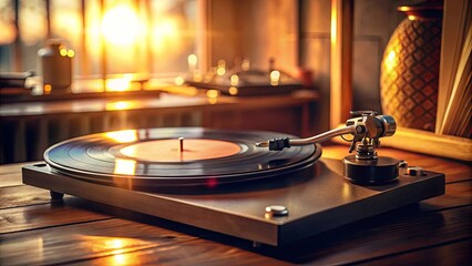 Obraz premium A vinyl record player sits on a wooden table with a warm sunset glow illuminating the scene.