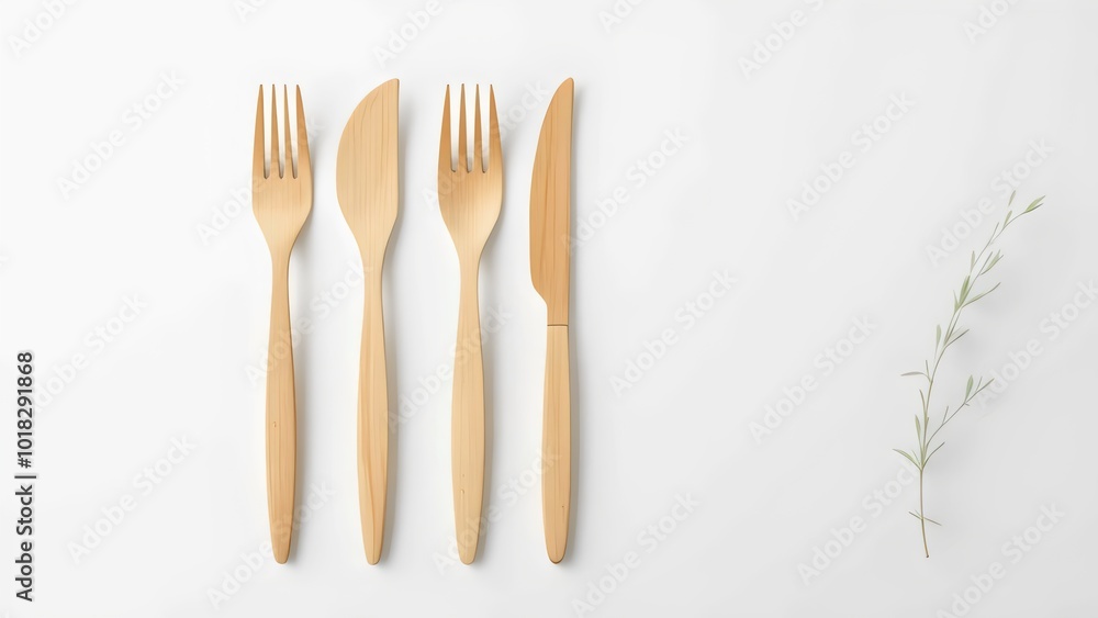 Wall mural Bamboo Cutlery Set on Plain White Surface for Zero Waste Product Design