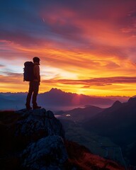 Obraz premium Silhouetted Hiker Atop Scenic Mountain Ridge at Breathtaking Sunset