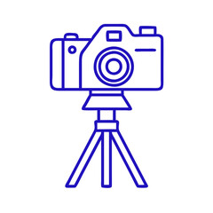 Camera on tripod icon in modern style, blue outline design, photography concept