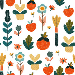 Seamless floral pattern with abstract flowers, leaves, and fruits. Cute, vibrant design for fabric or decor.