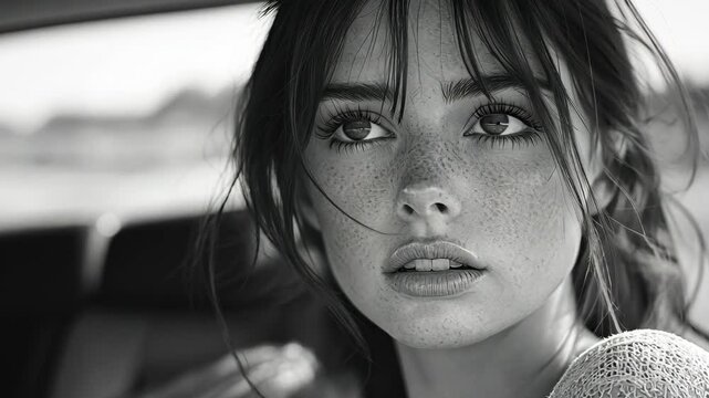 Mesmerizing slow-motion portrait of a stunning young woman with freckles, capturing ethereal beauty for high-end cosmetic campaigns and artistic fashion films