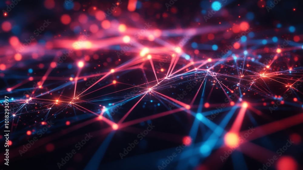 Poster abstract network with red and blue lines and glowing points