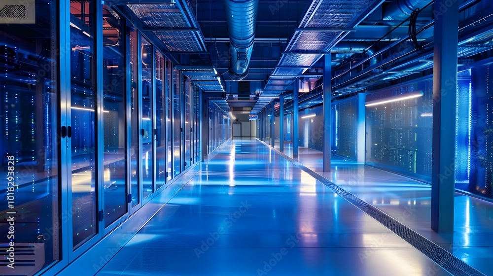 Aufkleber sprawling high tech data center with rows of servers and glowing blue lighting symbolizing the backb