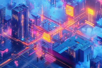 Obraz premium Futuristic cityscape with neon lights and glowing circuits, people walking around.