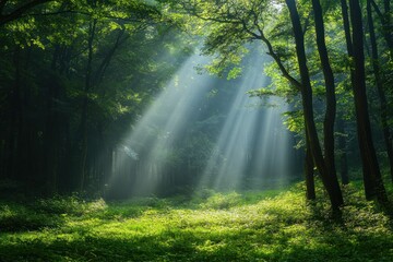 Obraz premium Sunlight beams through the trees in a misty forest, illuminating the lush green undergrowth.