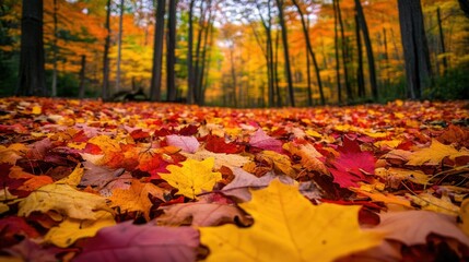 Pile of autumn leaves covering the forest ground, with vibrant reds, yellows, and oranges creating a warm seasonal scene