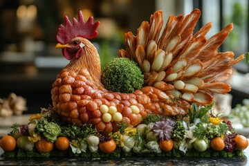 gourmet molecular gastronomy chicken dish deconstructed and reassembled as an edible art installation