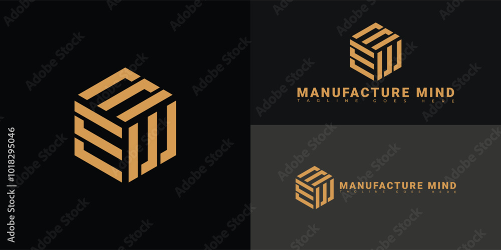 Poster modern hexagon initial vector letter m or mm logo in gold color isolated on multiple background colo