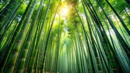 Fototapeta premium Sunbeams filtering through a dense canopy of towering bamboo stalks, creating an ethereal ambiance within the verdant forest