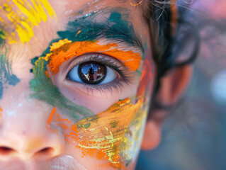 A close up of childs face adorned with vibrant natural pigments, showcasing expressive eyes and colorful paint patterns.