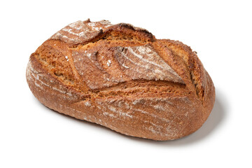 Single fresh homemade whole  loaf of wheat and rye bread isolated on white background close up