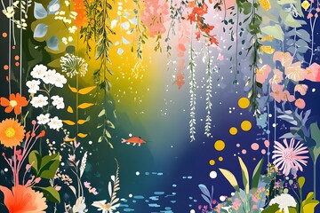 Obraz premium Abstract Floral Watercolor Painting with Fish and Circles